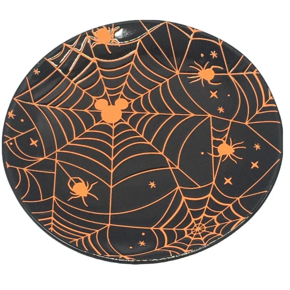 6 Zrike DISNEY Halloween MICKEY MOUSE Black Orange Spiderweb Plate Set Appetizer